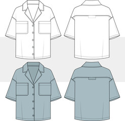 Men's oversized relaxed fit resort Hawaiian shirt, retro camp collar, flat sketch technical drawing, vector, illustration. Front and back view. Cad, Mockup.