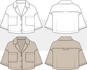 Women's oversized resort Hawaiian cropped shirt flat sketch technical drawing, vector, illustration. Front and Back view. Cad, Mockup.