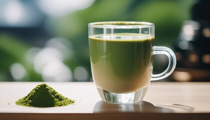 Matcha latte on the table in a cafe. 