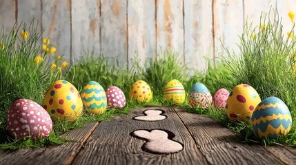 Adorable Easter bunny footprints lead to colorful decorated eggs led in vibrant green grass against a rustic wooden background perfect for sptime celebrations and holiday