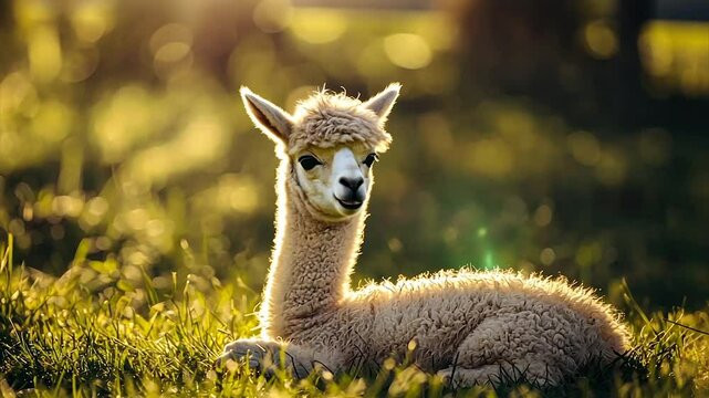 Adorable fluffy cria resting in golden sunset light