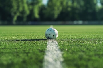 Obraz premium A football lying on the green grass of a football field with white yard