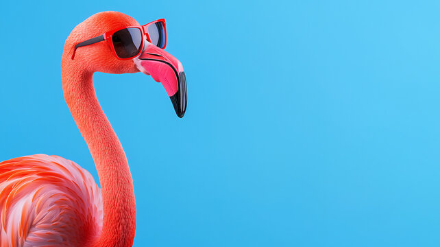 vibrant pink flamingo wearing stylish sunglasses against bright blue background, exuding fun and playful vibe