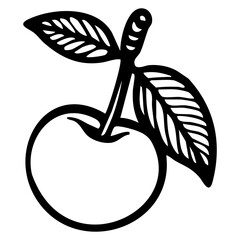 A vector stylized black and white illustration of an apple with leaves. The apple is round and smooth, with a stem and two leaves attached, showcasing a simple yet elegant design.