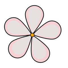 Naklejka premium A vector simple illustration of a flower with five petals. The petals are light pink with a white center and an orange-yellow stamen in the middle.