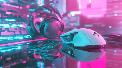 A futuristic gaming setup featuring a high-tech gaming mouse resting on a reflective surface with vibrant pink and blue neon lights illuminating the scene, complemented by a gaming headset positioned