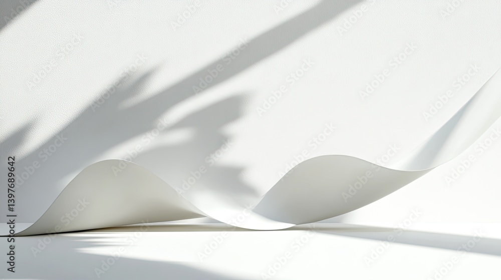 Poster artistic wave of white paper creating shadows minimalist studio setting abstract photography clean a