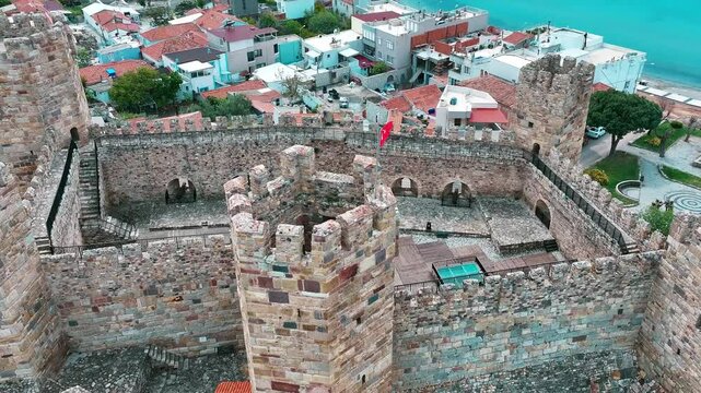 Izmir Candarli Castle - 4K video of Izmir Candarli Castle shot with drone - Candarli historical castle