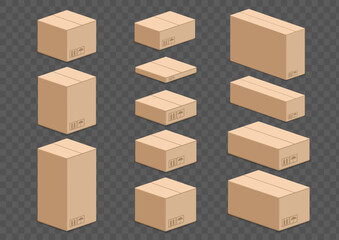 Cardboard boxes templates of different sizes. Mockups isolated on transparent background. Vector illustration