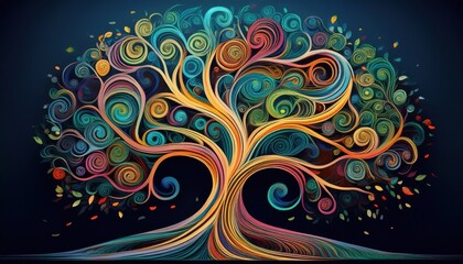 Vibrant tree design with colorful swirls and leaves stands out against a dark background.
