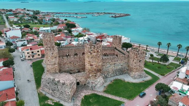 Izmir Candarli Castle - 4K video of Izmir Candarli Castle shot with drone - Candarli historical castle