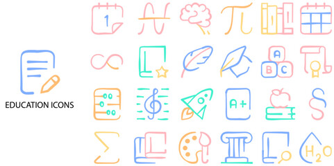 Education 24 color Hand drawn flat icons. Contain such books, pen, pencil, light, clock. Vector illustration.