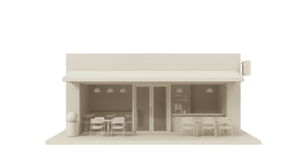 Minimalist coffee shop facade rendering with outdoor seating and clean architectural lines
