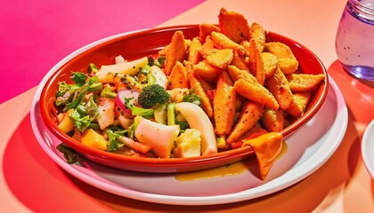 Colorful Salad Bowl With Roasted Vegetables And Healthy Plant Based Ingredients