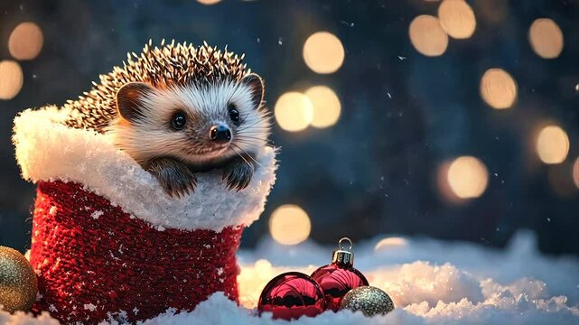 Festive hedgehog nestled in a Christmas stocking