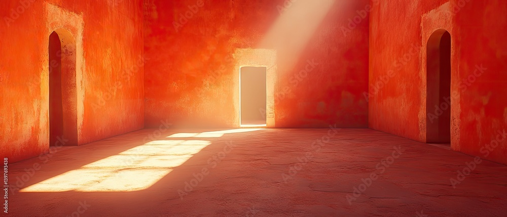 Poster empty red room with doorway and arches. light streams in, creating shadows and ambiance