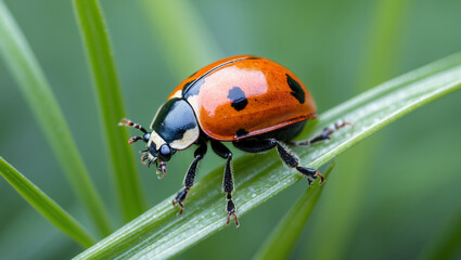 Obraz premium Detailed Macro Shot Of A Ladybug On Green Grass Blade In Springtime