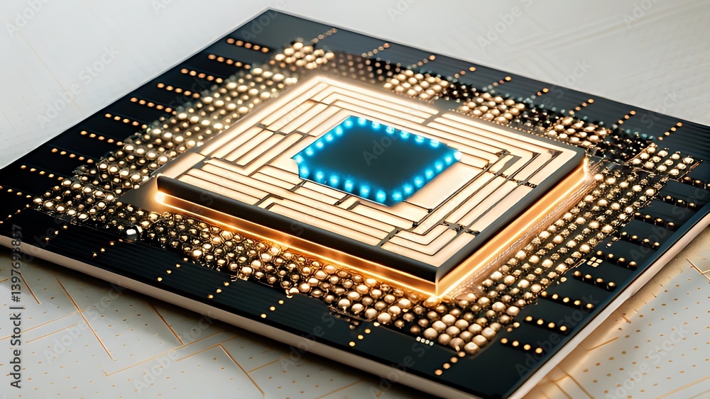 Poster futuristic processor chip concept glowing with technological power and microchip design