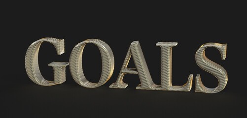 Motivational 3D rendered gold text 'Goals' on a black background. Perfect for business, success, and ambition concepts.