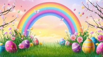 A vibrant Easter rainbow archway gracefully spans a picturesque sp meadow adorned with colorful eggs, blooming flowers, and flutte butterflies creating a cheerful pastel