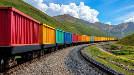 Fototapeta premium Export, distribution and demand concept. A colorful freight train winds through a scenic landscape, flanked by mountains and lush greenery under a bright blue sky.