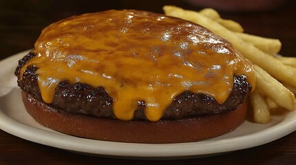 A mouthwatering cheeseburger topped with melted cheese and served with french fries.