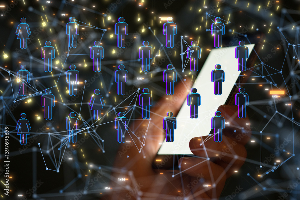 Poster Global network. Blockchain. 3D illustration. Neural networks and artificial intelligence. Abstract