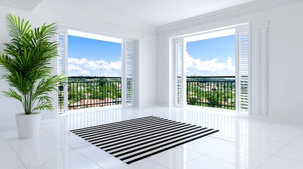 Bright White Room with Open Shutters Balcony City View Black and White Rug and Plant