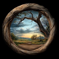 Sunset Savanna Landscape Viewed Through Rustic Wooden Frame