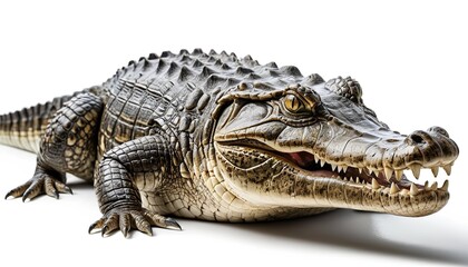 Obraz premium Crocodile isolated on white background. Crocodile predatory animal, stuffed crocodile, exotic skin. Concept of advertisement, calendar, banner