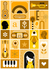 Pop art graphic collage of many different objects. 