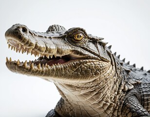 Obraz premium Crocodile with open mouth isolated on white background. Crocodile protection concept, green conservationists