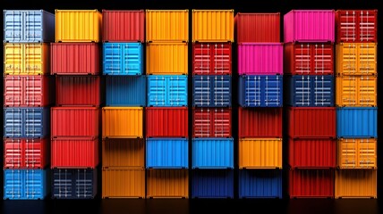 Fototapeta premium Export, distribution and demand concept. A vibrant display of stacked shipping containers in various colors, showcasing a modern industrial aesthetic against a dark background.