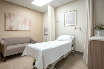 A clean modern hospital room with a single patient bed