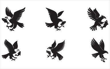 Eagle Catching Fish Silhouette Set – Predator Bird Logos in Flight