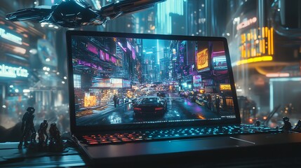 Futuristic urban landscape displayed on a laptop screen with vibrant neon lights, reflecting a bustling city at night