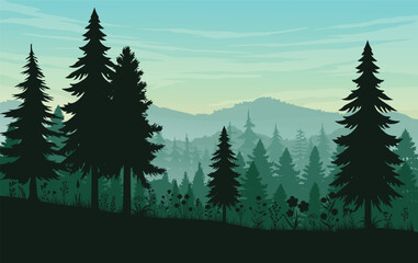 Fototapeta premium Silhouette Pine Forest Landscape at Dawn with Mountain Background