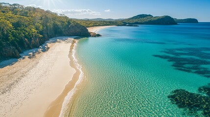 A scenic beach with clear turquoise water and smooth white sand under a bright sun pic