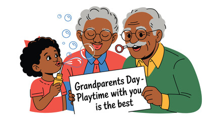 "Happy Grandparents Day Vector Illustration, Cute Grandparents Cartoon Character, Family Love, Elderly Couple with Grandchildren, Grandparents Day Greeting Card Design, Flat Style, Isolated on White B