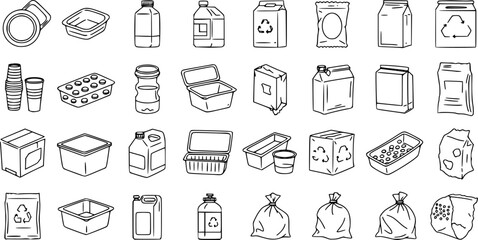 Plastic packaging line icons set. Disposable tableware, water bottle, blister pack, container, canister, garbage bag, bubble wrap vector illustration. Outline signs of polyethylene. Editable Stroke
