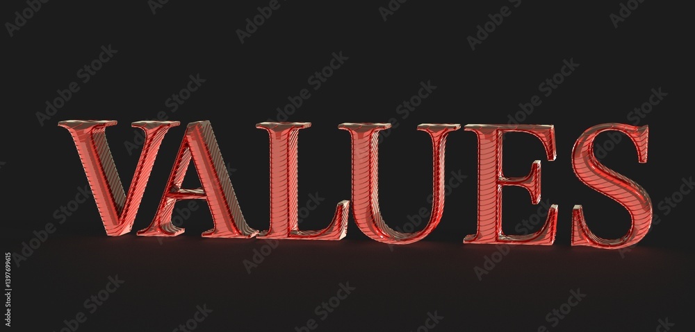 Poster high-quality stock photo of the word values in red 3d text on a black background. ideal for business