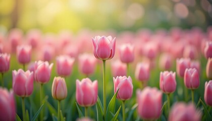 Obraz premium A single pink tulip standing out among a field of blooming flowers in a serene and lush, sunlit environment, highlighting the beauty and tranquility of nature.