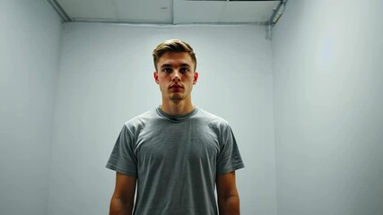 Serious looking young man in a gray tee standing in a minimalist white room with neutral expression during daytime portrait