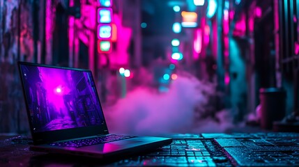 A glowing laptop sitting on a wet pavement in a neon-lit alley filled with colorful lights and mist, creating an urban, futuristic atmosphere