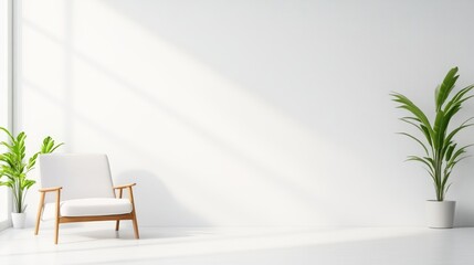 White Armchair with Plants Minimalist Interior Design Bright Sunlight Wide Shot Room Decor Relaxation Bright White Room Interior Design Serene Mood Ideal for Home Decor Ads