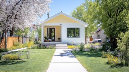 Yellow Bungalow House Lush Landscaping Modern Minimalist Style High-Resolution Bright Sunlight Front View Landscaped Garden Residential Home Bright Cheerful Tones Ideal for Real Estate Listings