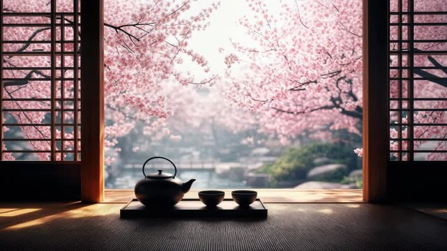 Serene Cherry Blossoms in Spring: Traditional Japanese Tea Room with Tea Set. A Tranquil Setting for Peace and Contemplation