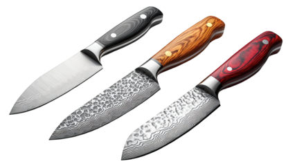 Three distinct kitchen knives displayed on a clean surface, showcasing their unique designs and craftsmanship