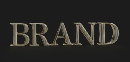 3D rendered gold brand text on black background.  Perfect for branding and marketing.