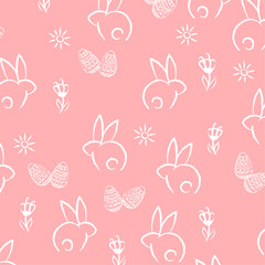 Easter white pattern with hare, eggs, flowers on pink (changeable) background, vector design